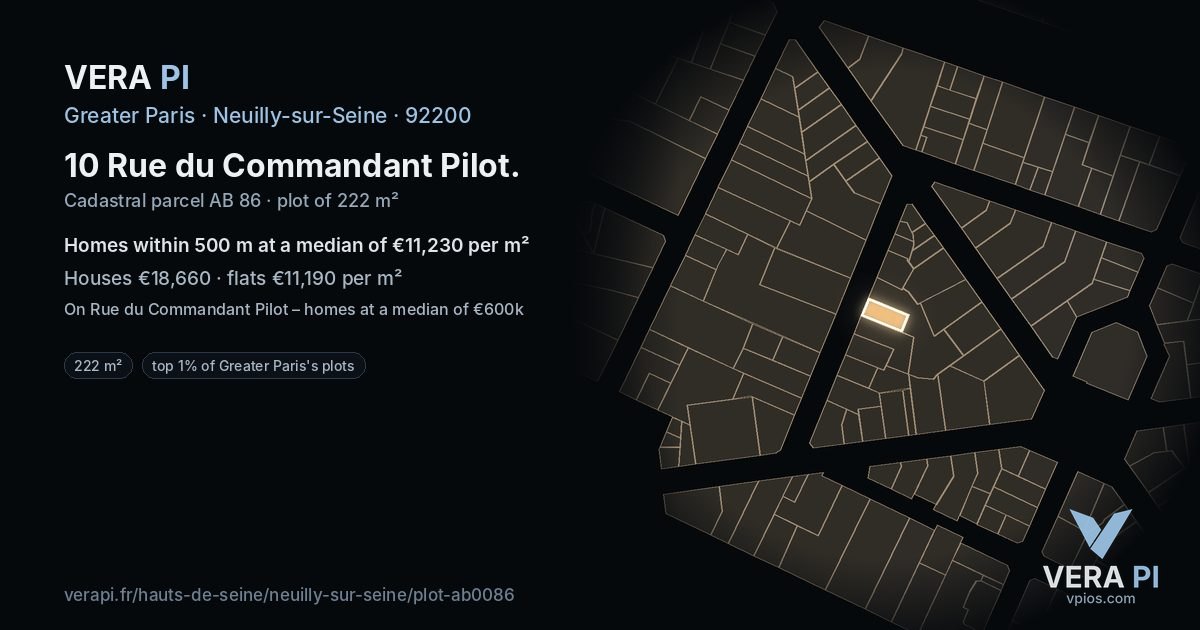 10 Rue du Commandant Pilot, Neuilly-sur-Seine at night – the plot lit, the parcels around coloured by the prices near them