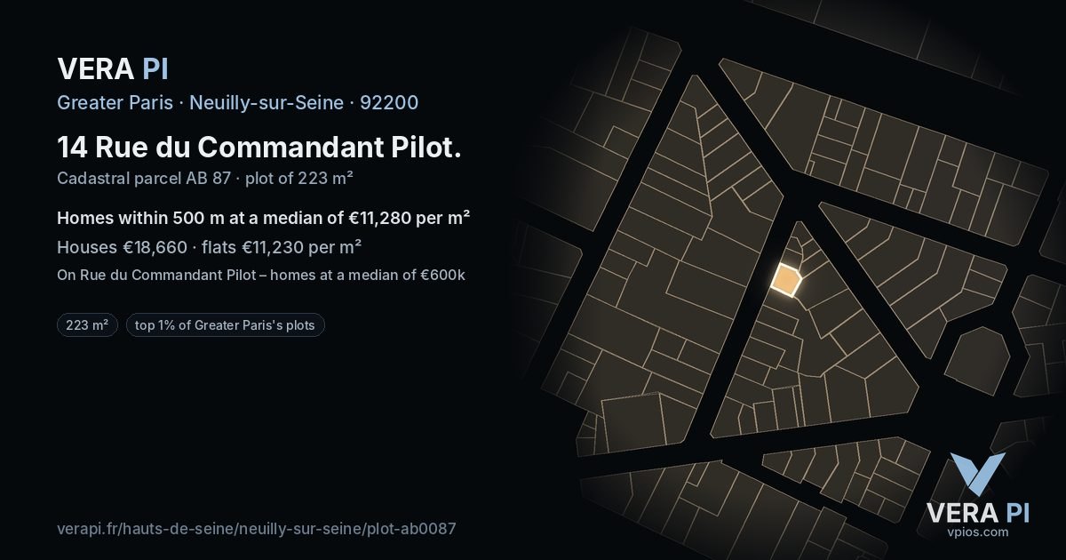 14 Rue du Commandant Pilot, Neuilly-sur-Seine at night – the plot lit, the parcels around coloured by the prices near them