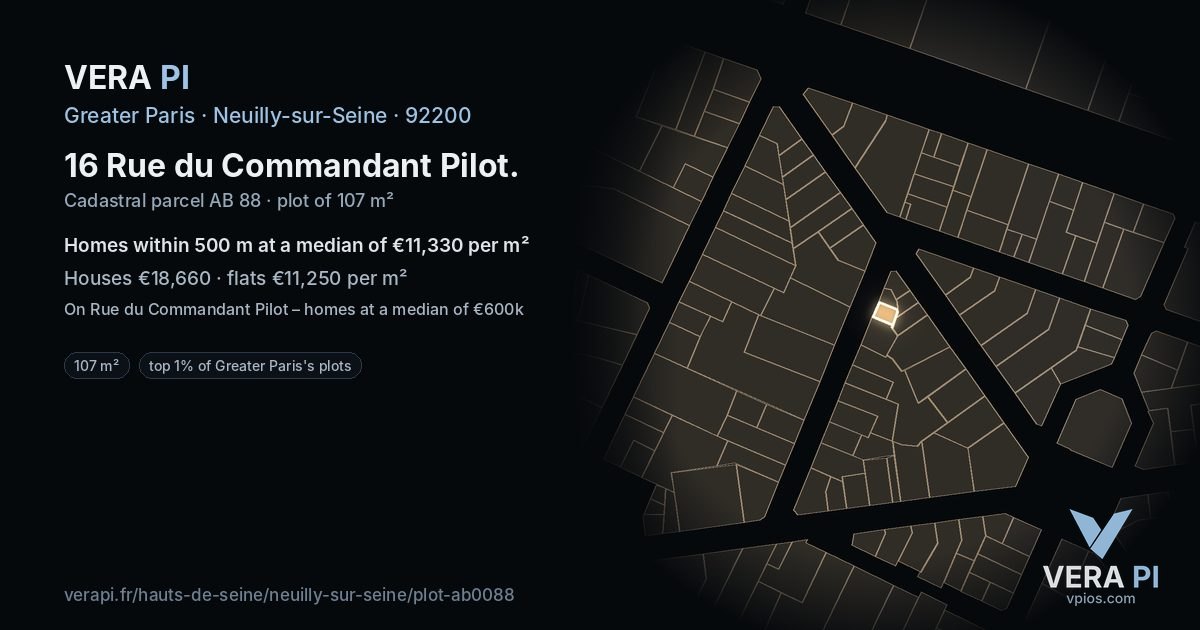 16 Rue du Commandant Pilot, Neuilly-sur-Seine at night – the plot lit, the parcels around coloured by the prices near them