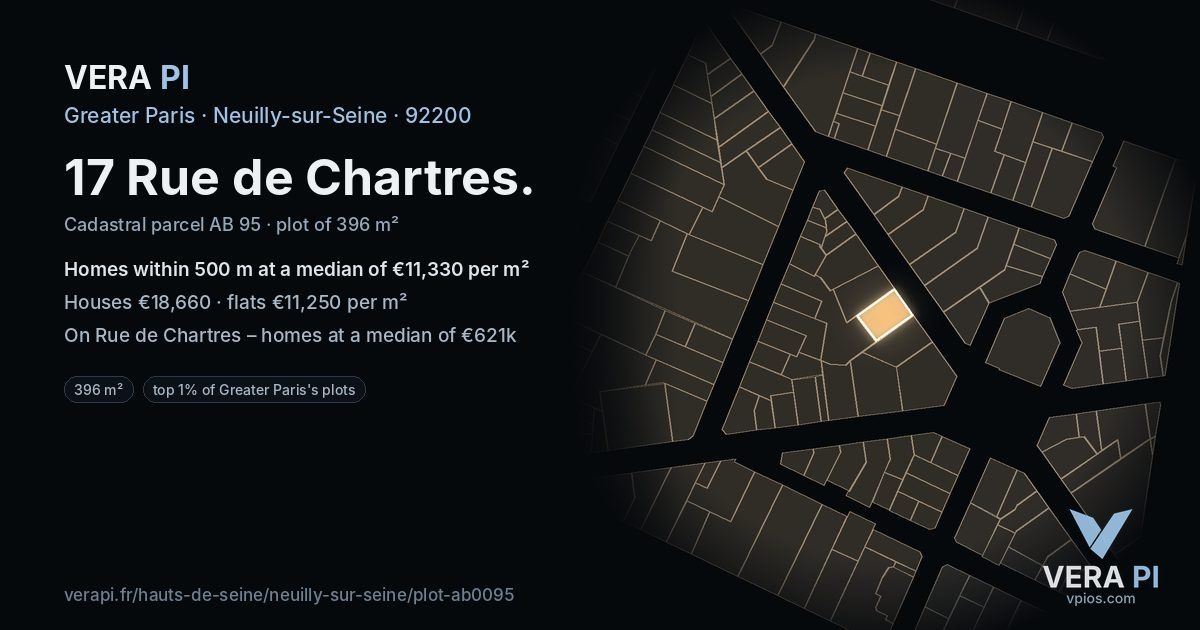 17 Rue de Chartres, Neuilly-sur-Seine at night – the plot lit, the parcels around coloured by the prices near them