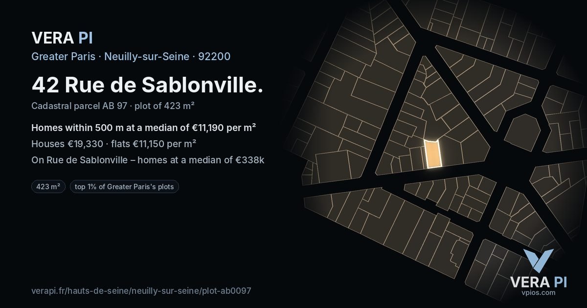 42 Rue de Sablonville, Neuilly-sur-Seine at night – the plot lit, the parcels around coloured by the prices near them