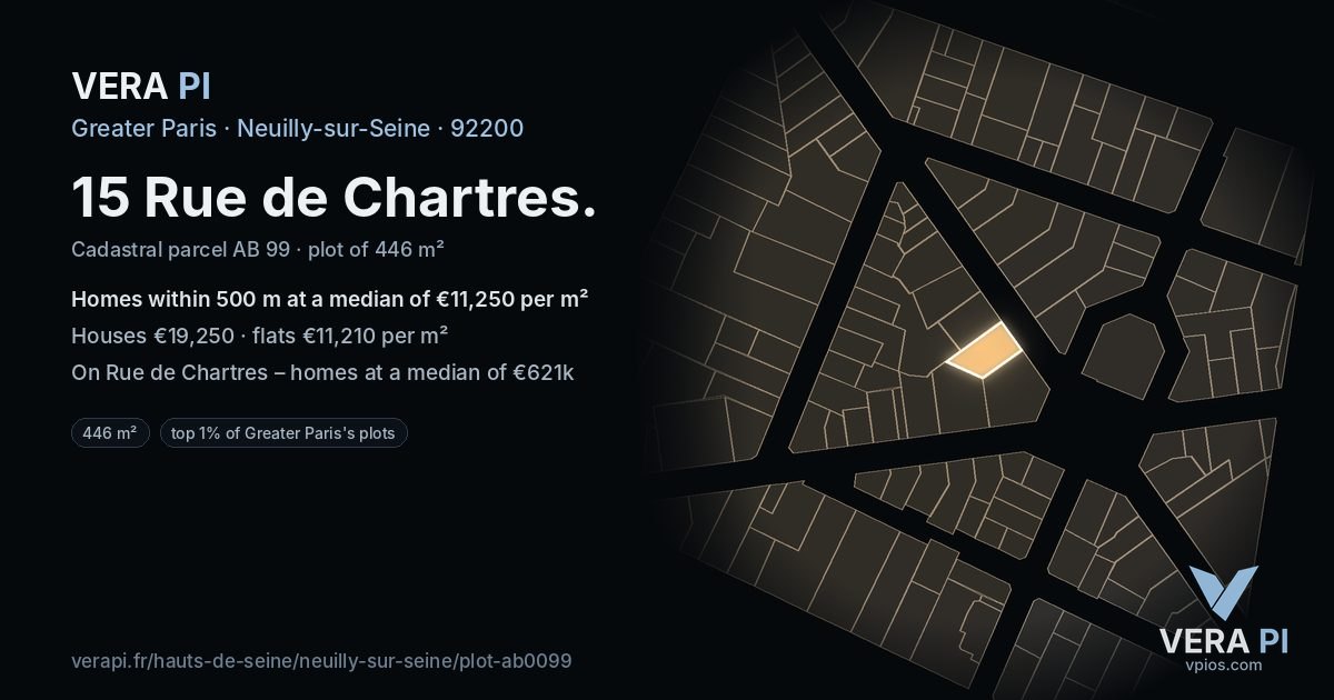 15 Rue de Chartres, Neuilly-sur-Seine at night – the plot lit, the parcels around coloured by the prices near them