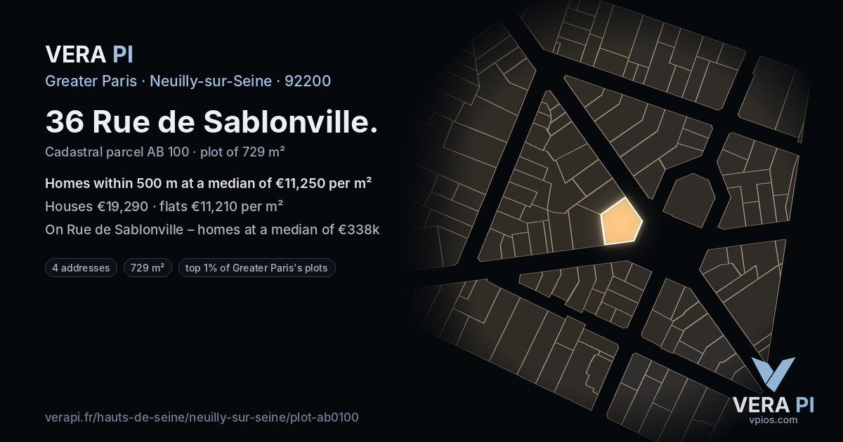 36 Rue de Sablonville, Neuilly-sur-Seine at night – the plot lit, the parcels around coloured by the prices near them