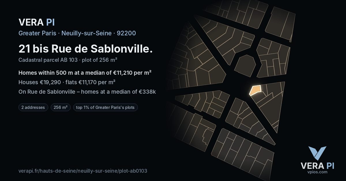 21 bis Rue de Sablonville, Neuilly-sur-Seine at night – the plot lit, the parcels around coloured by the prices near them