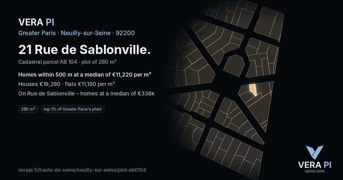 21 Rue de Sablonville, Neuilly-sur-Seine at night – the plot lit, the parcels around coloured by the prices near them