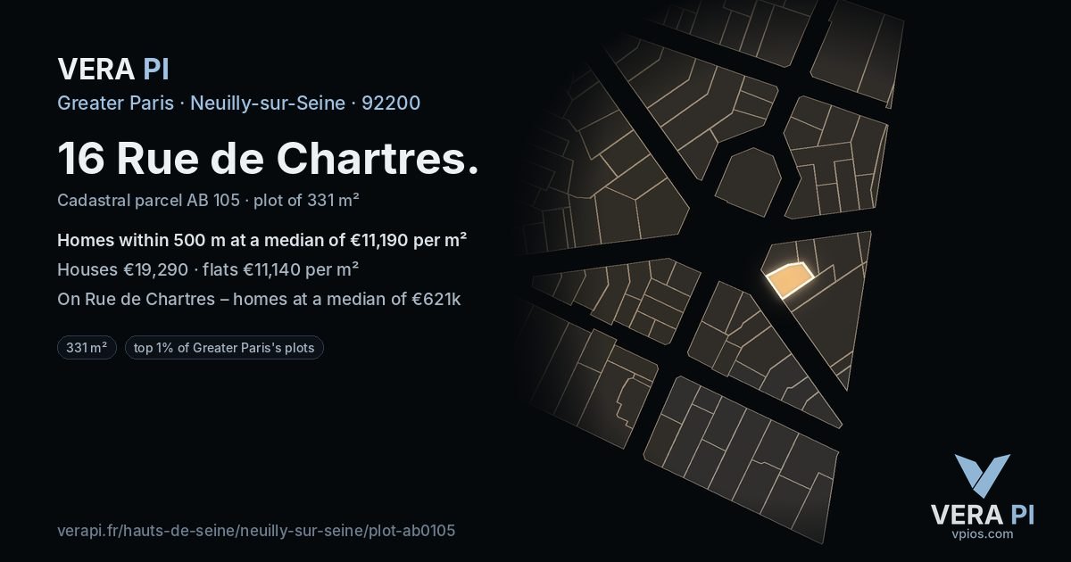 16 Rue de Chartres, Neuilly-sur-Seine at night – the plot lit, the parcels around coloured by the prices near them