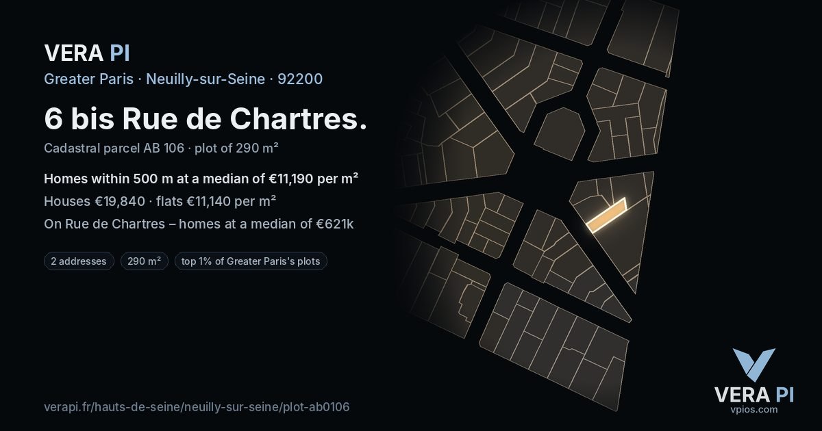 6 bis Rue de Chartres, Neuilly-sur-Seine at night – the plot lit, the parcels around coloured by the prices near them
