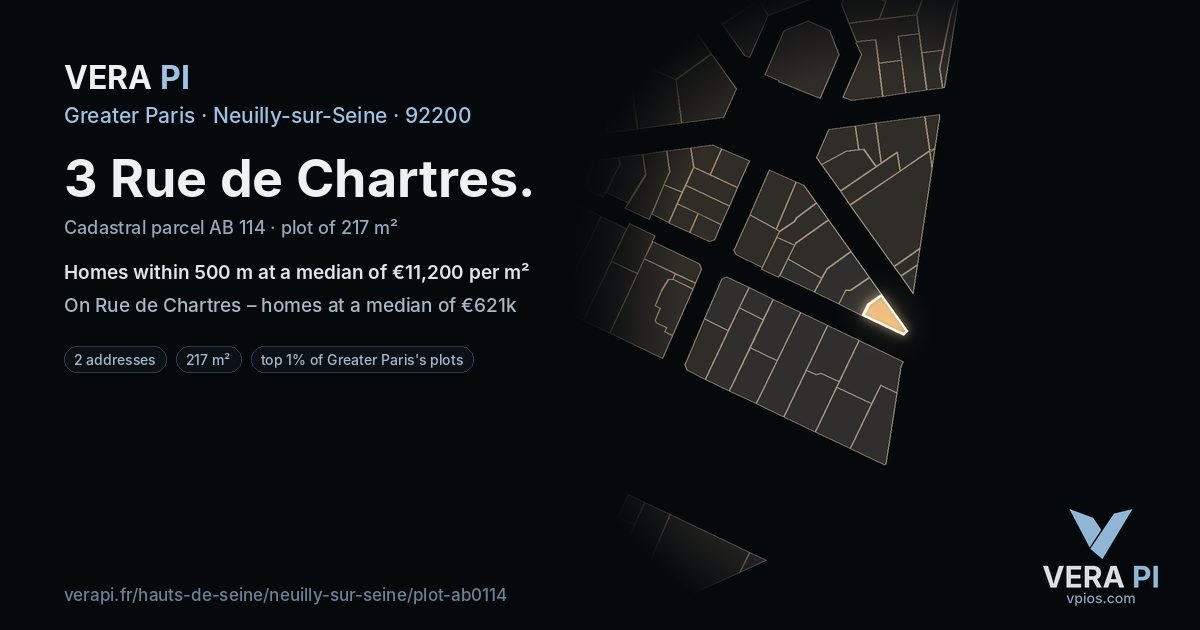 3 Rue de Chartres, Neuilly-sur-Seine at night – the plot lit, the parcels around coloured by the prices near them