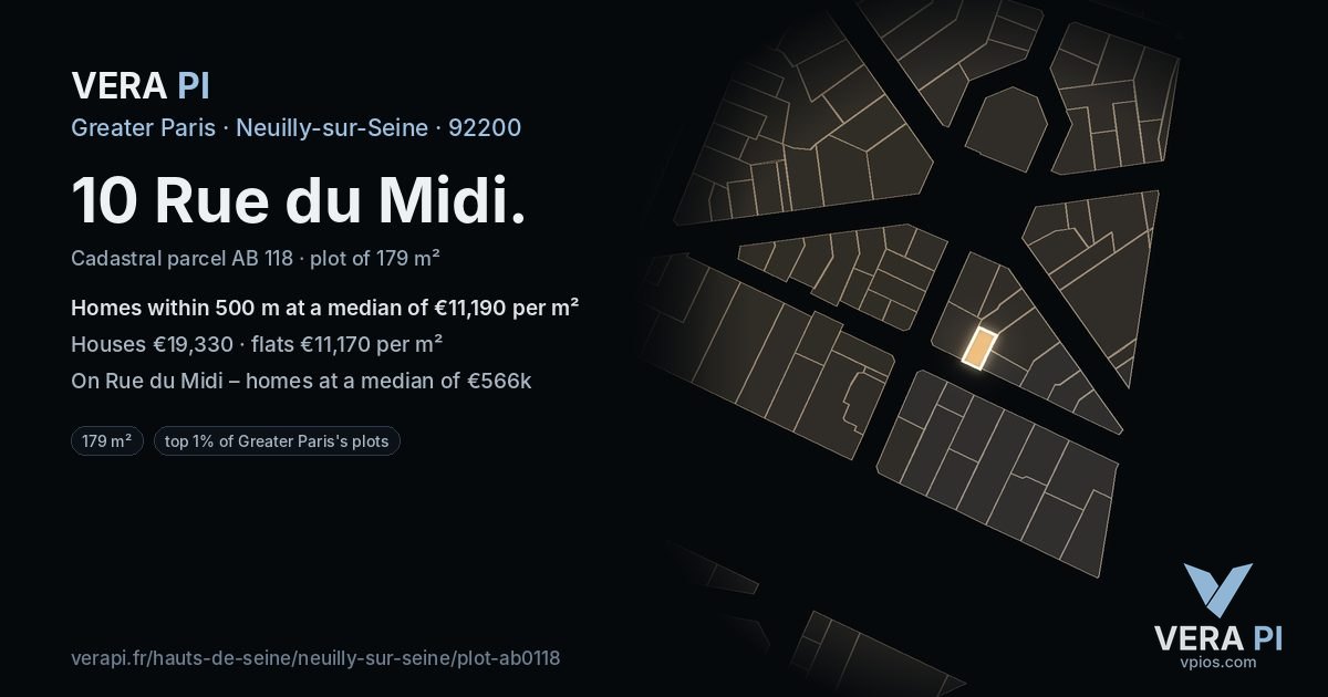 10 Rue du Midi, Neuilly-sur-Seine at night – the plot lit, the parcels around coloured by the prices near them