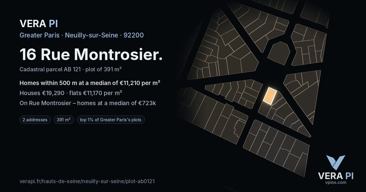 16 Rue Montrosier, Neuilly-sur-Seine at night – the plot lit, the parcels around coloured by the prices near them