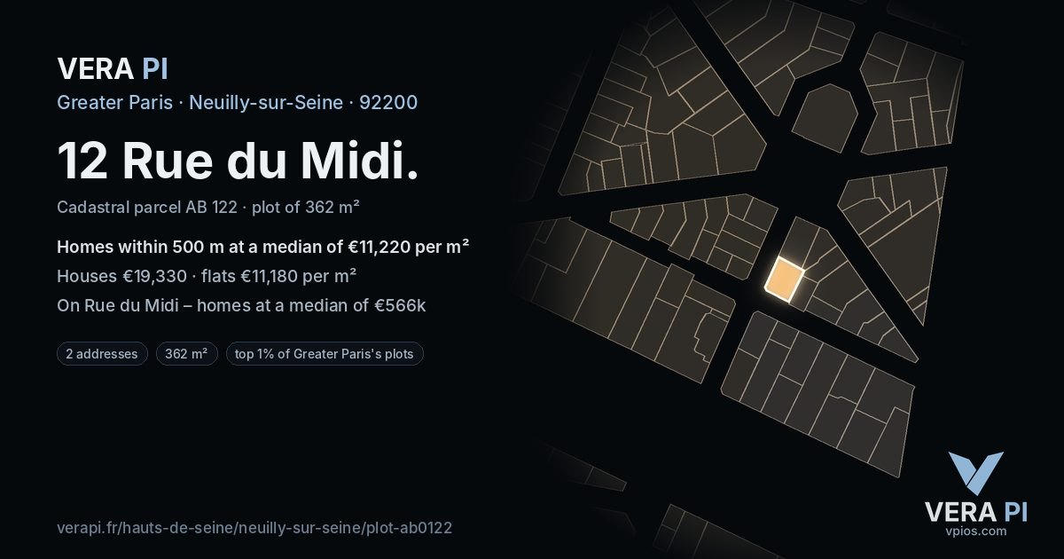 12 Rue du Midi, Neuilly-sur-Seine at night – the plot lit, the parcels around coloured by the prices near them