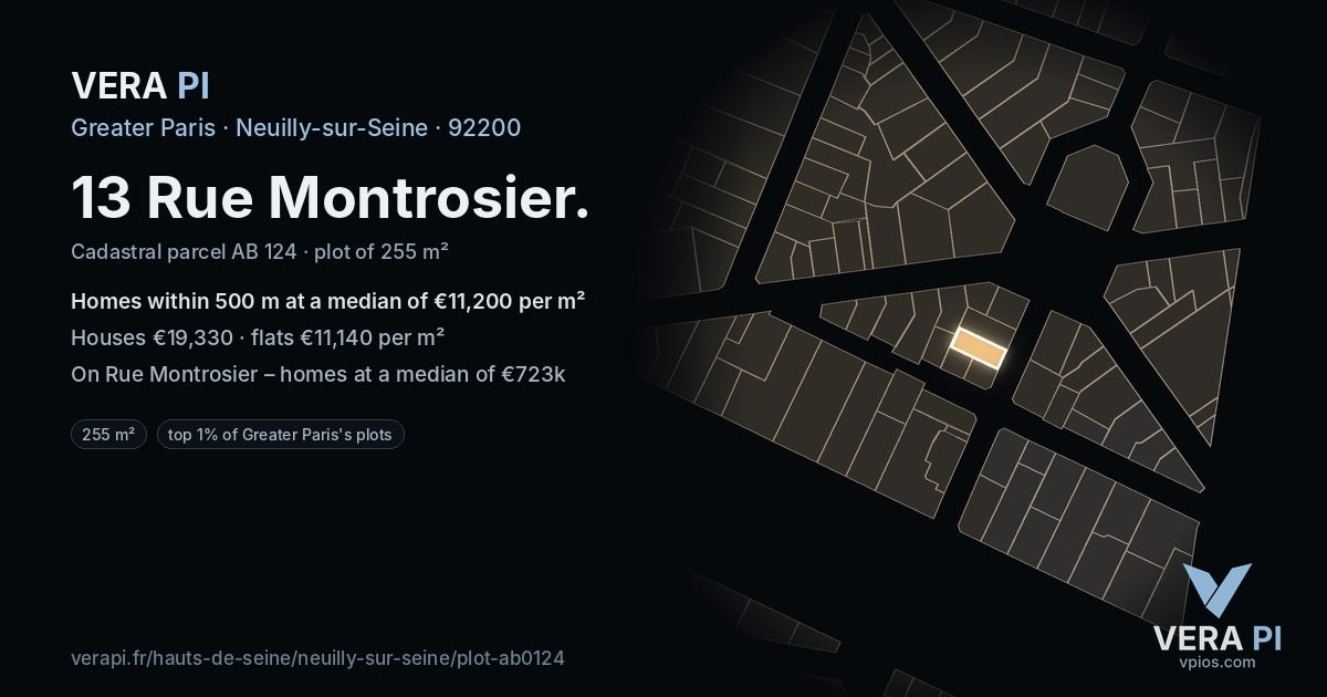 13 Rue Montrosier, Neuilly-sur-Seine at night – the plot lit, the parcels around coloured by the prices near them