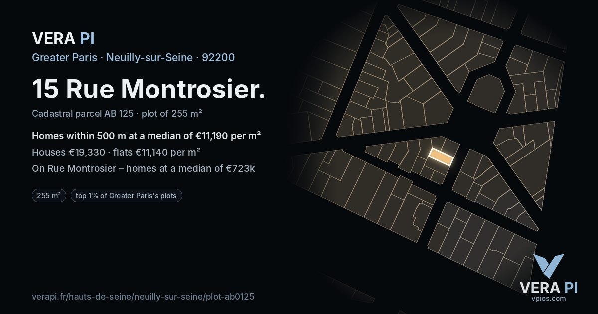 15 Rue Montrosier, Neuilly-sur-Seine at night – the plot lit, the parcels around coloured by the prices near them
