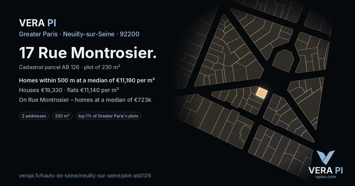 17 Rue Montrosier, Neuilly-sur-Seine at night – the plot lit, the parcels around coloured by the prices near them