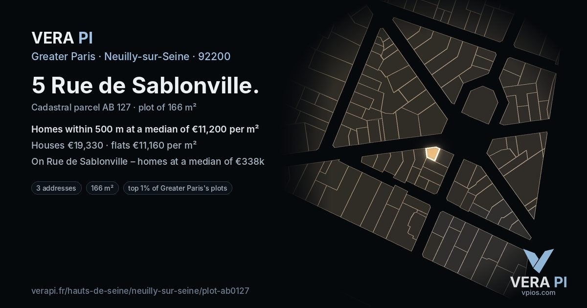 5 Rue de Sablonville, Neuilly-sur-Seine at night – the plot lit, the parcels around coloured by the prices near them