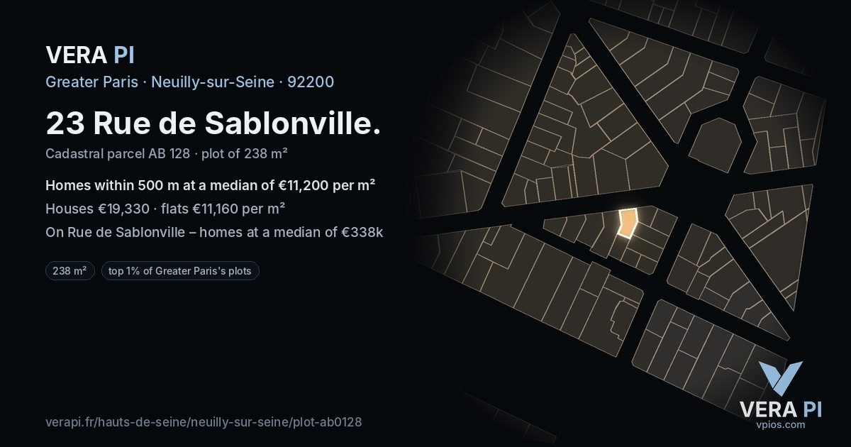 23 Rue de Sablonville, Neuilly-sur-Seine at night – the plot lit, the parcels around coloured by the prices near them