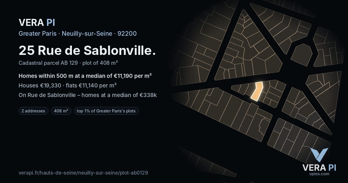 25 Rue de Sablonville, Neuilly-sur-Seine at night – the plot lit, the parcels around coloured by the prices near them