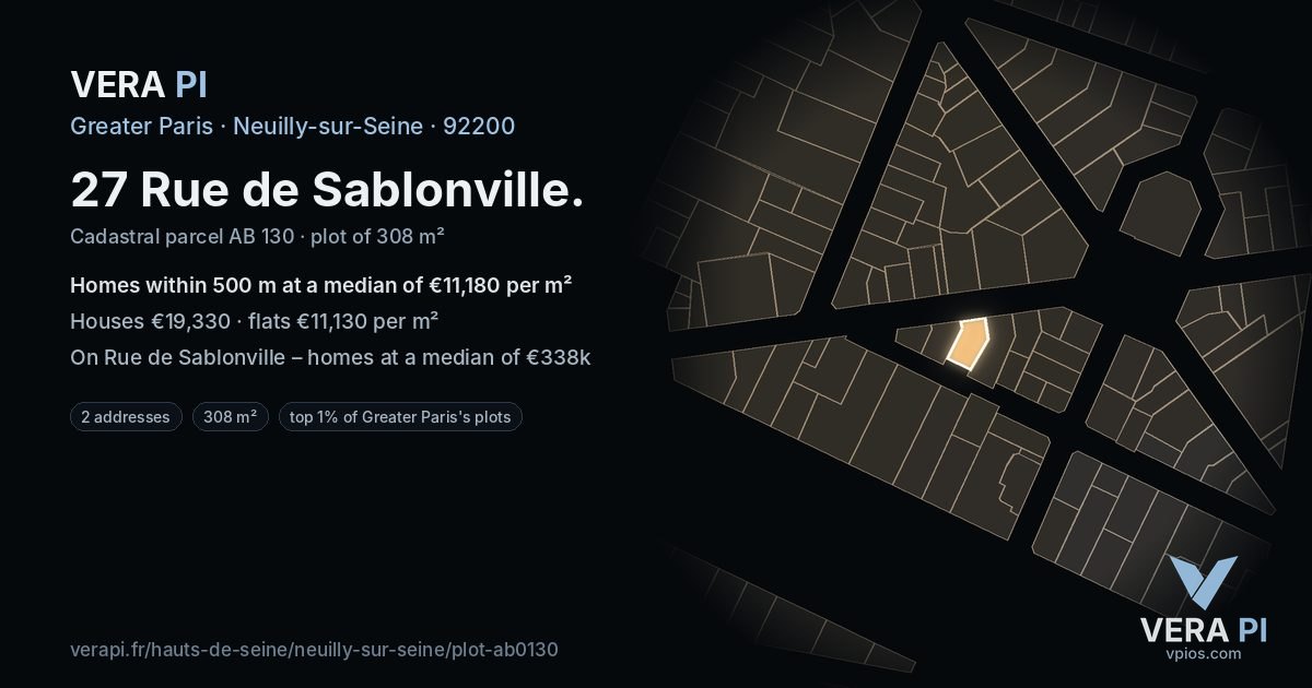 27 Rue de Sablonville, Neuilly-sur-Seine at night – the plot lit, the parcels around coloured by the prices near them