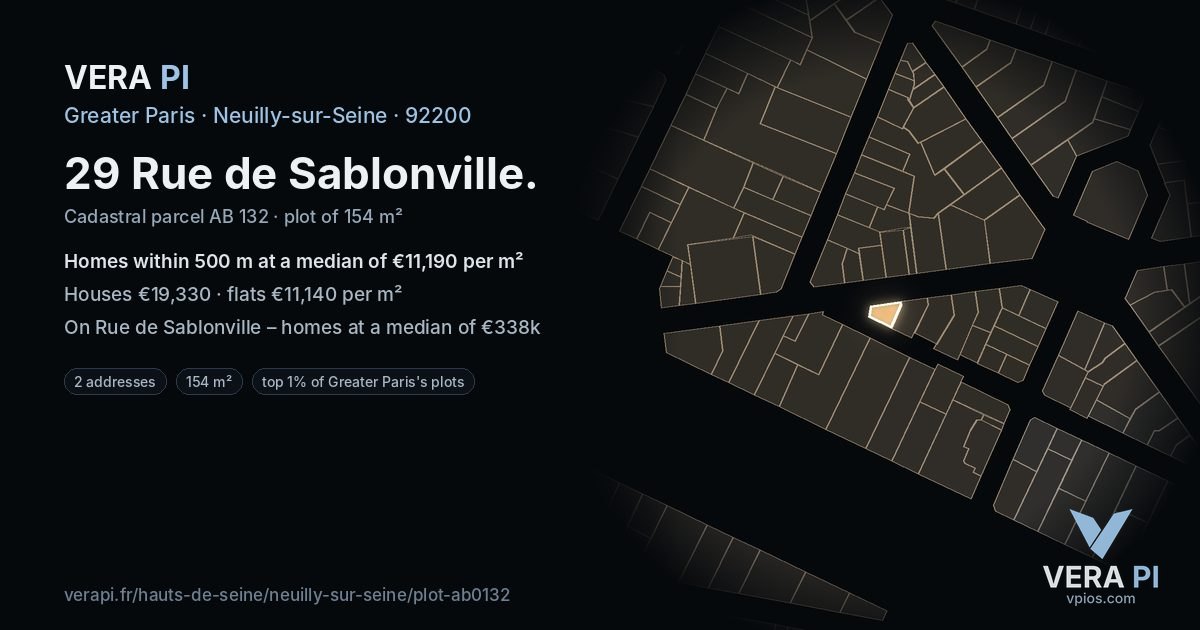 29 Rue de Sablonville, Neuilly-sur-Seine at night – the plot lit, the parcels around coloured by the prices near them