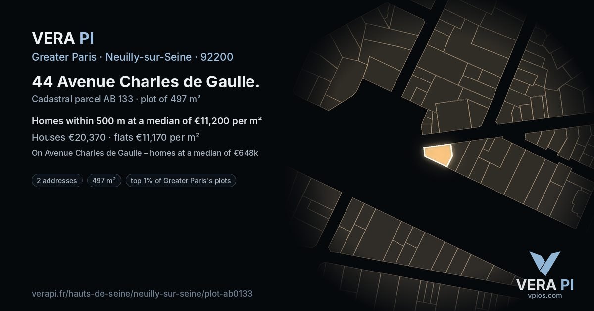44 Avenue Charles de Gaulle, Neuilly-sur-Seine at night – the plot lit, the parcels around coloured by the prices near them