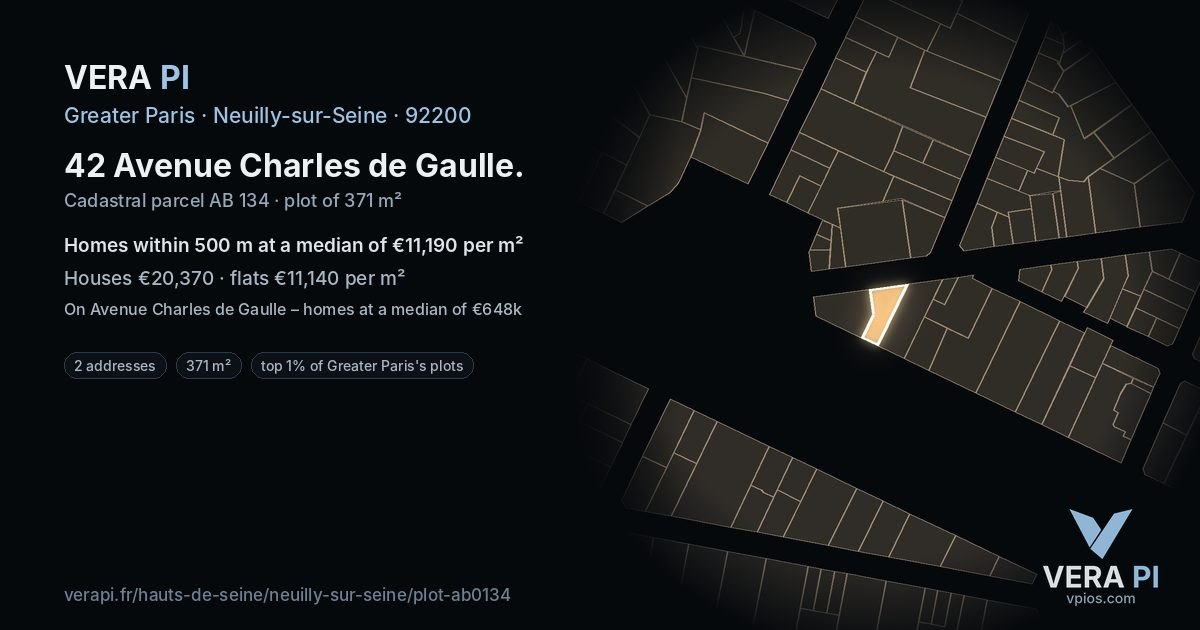 42 Avenue Charles de Gaulle, Neuilly-sur-Seine at night – the plot lit, the parcels around coloured by the prices near them