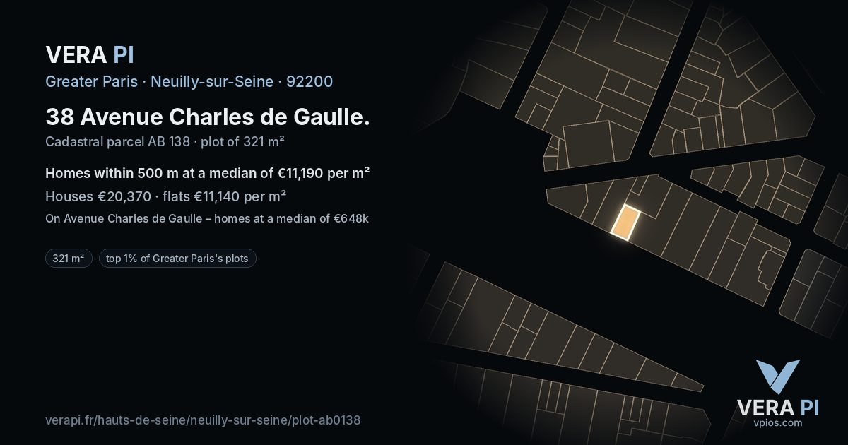 38 Avenue Charles de Gaulle, Neuilly-sur-Seine at night – the plot lit, the parcels around coloured by the prices near them