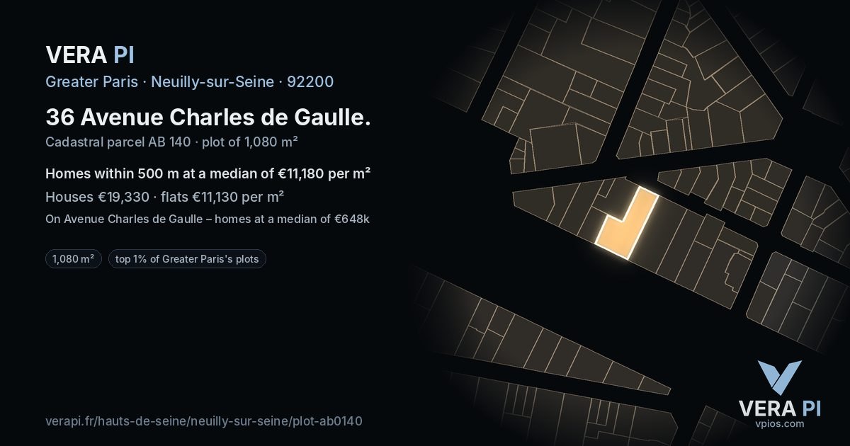 36 Avenue Charles de Gaulle, Neuilly-sur-Seine at night – the plot lit, the parcels around coloured by the prices near them