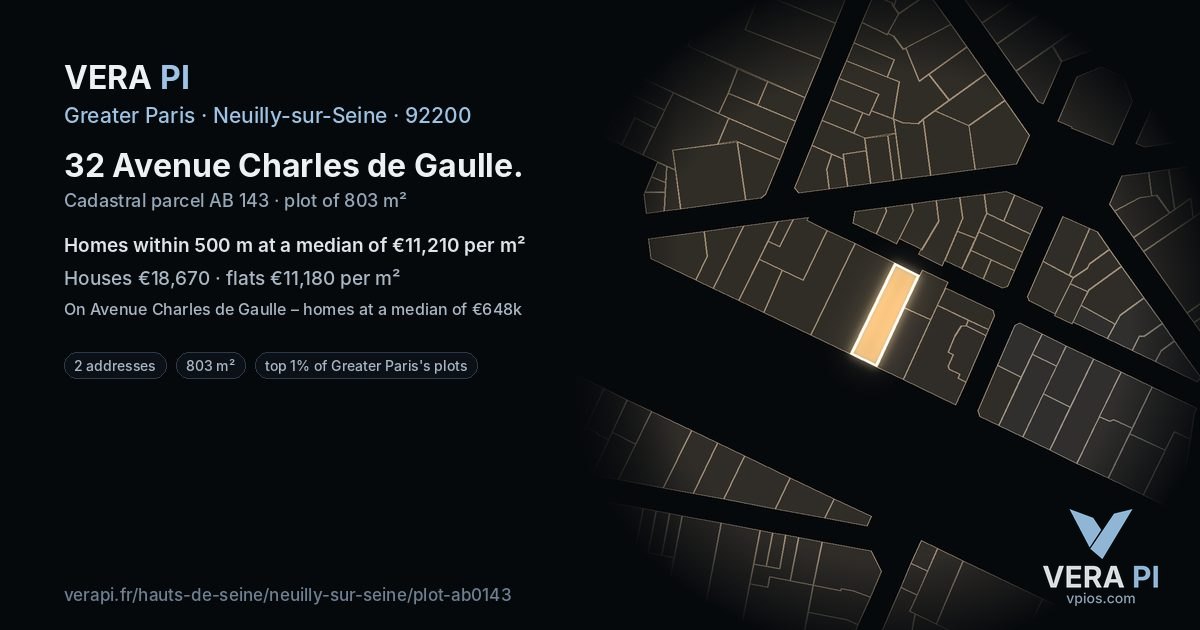 32 Avenue Charles de Gaulle, Neuilly-sur-Seine at night – the plot lit, the parcels around coloured by the prices near them