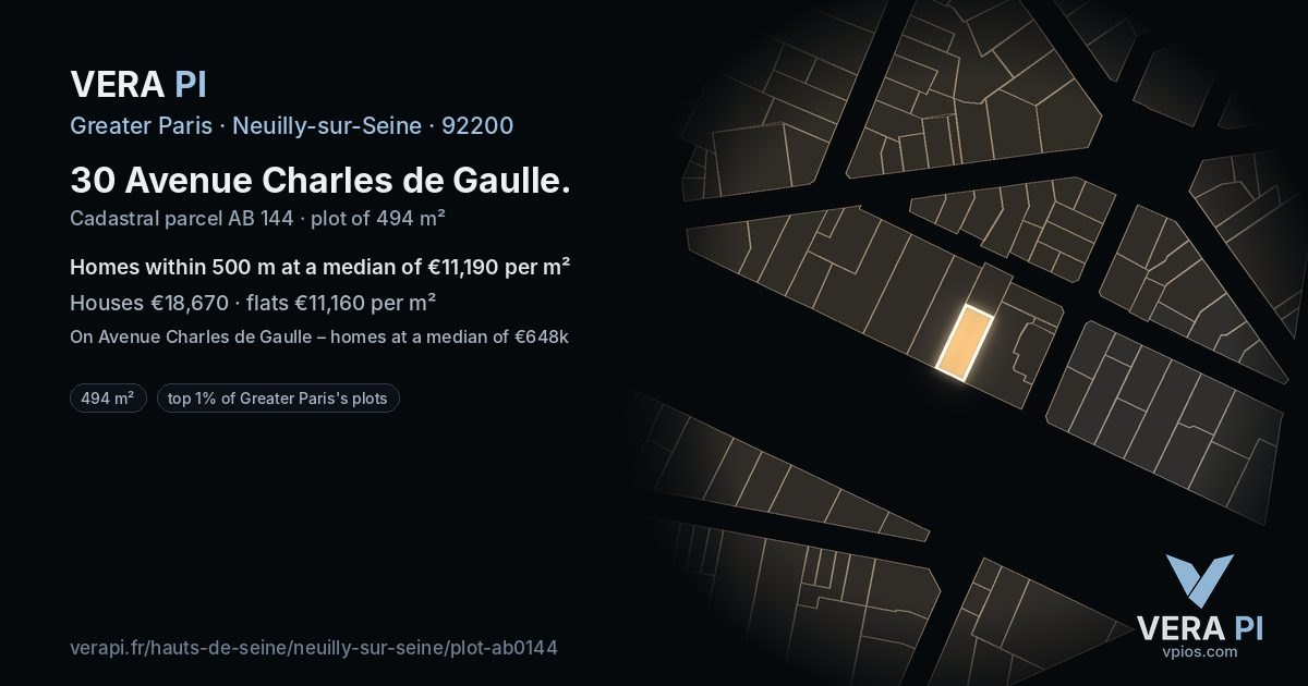 30 Avenue Charles de Gaulle, Neuilly-sur-Seine at night – the plot lit, the parcels around coloured by the prices near them
