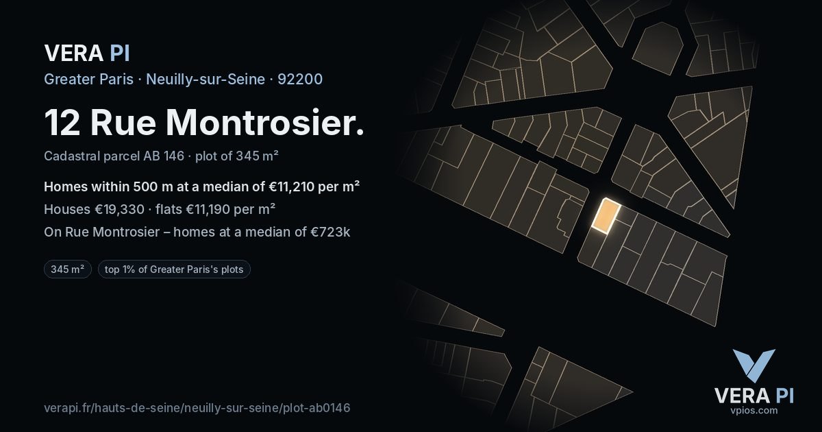 12 Rue Montrosier, Neuilly-sur-Seine at night – the plot lit, the parcels around coloured by the prices near them