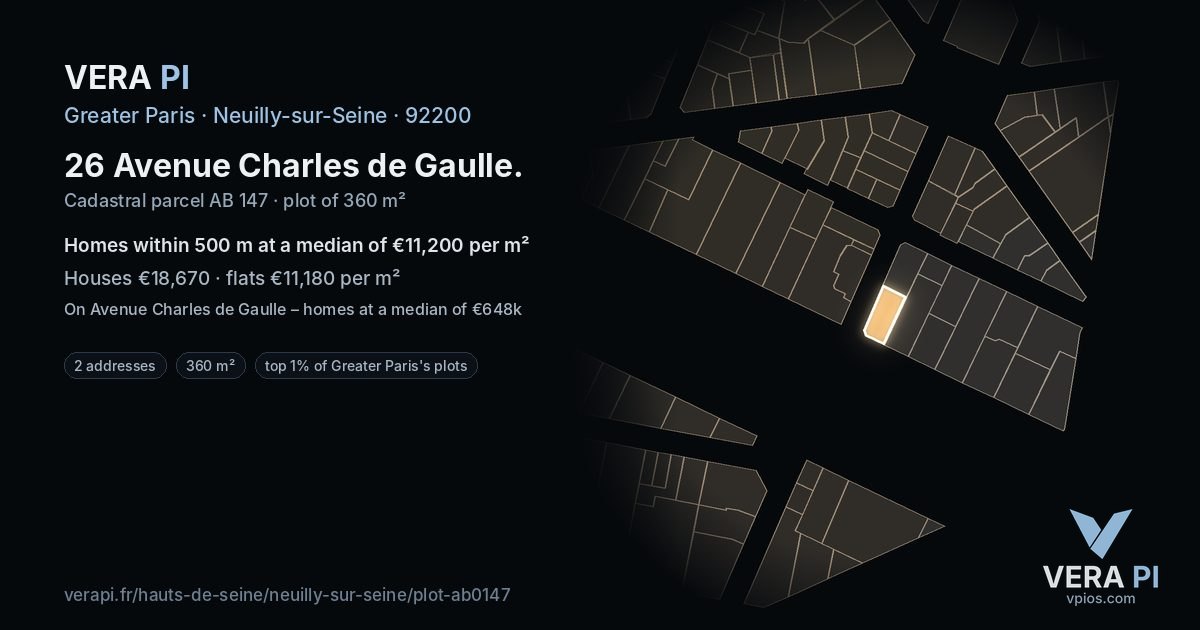 26 Avenue Charles de Gaulle, Neuilly-sur-Seine at night – the plot lit, the parcels around coloured by the prices near them