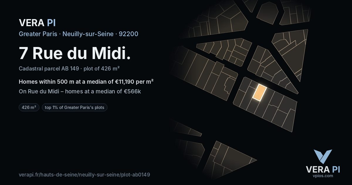 7 Rue du Midi, Neuilly-sur-Seine at night – the plot lit, the parcels around coloured by the prices near them