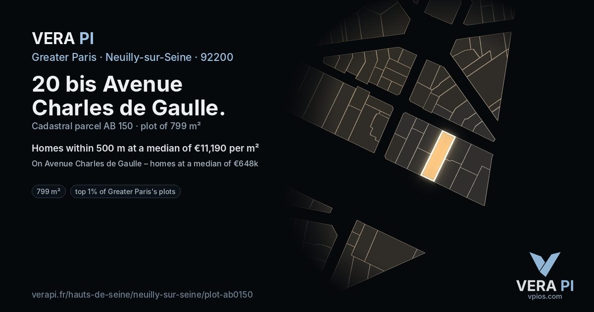 20 bis Avenue Charles de Gaulle, Neuilly-sur-Seine at night – the plot lit, the parcels around coloured by the prices near them