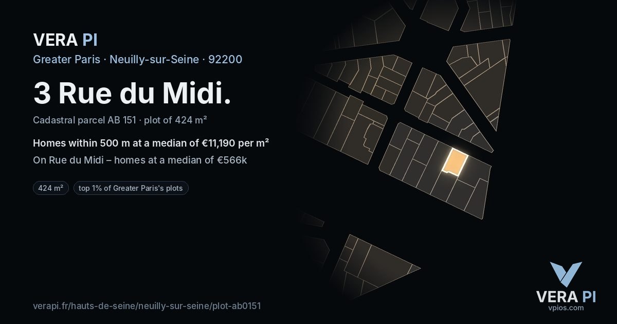 3 Rue du Midi, Neuilly-sur-Seine at night – the plot lit, the parcels around coloured by the prices near them