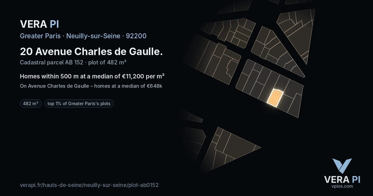 20 Avenue Charles de Gaulle, Neuilly-sur-Seine at night – the plot lit, the parcels around coloured by the prices near them