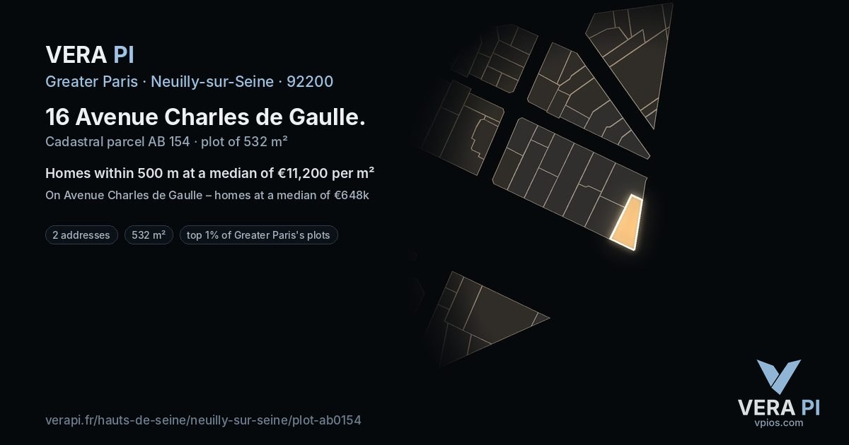 16 Avenue Charles de Gaulle, Neuilly-sur-Seine at night – the plot lit, the parcels around coloured by the prices near them