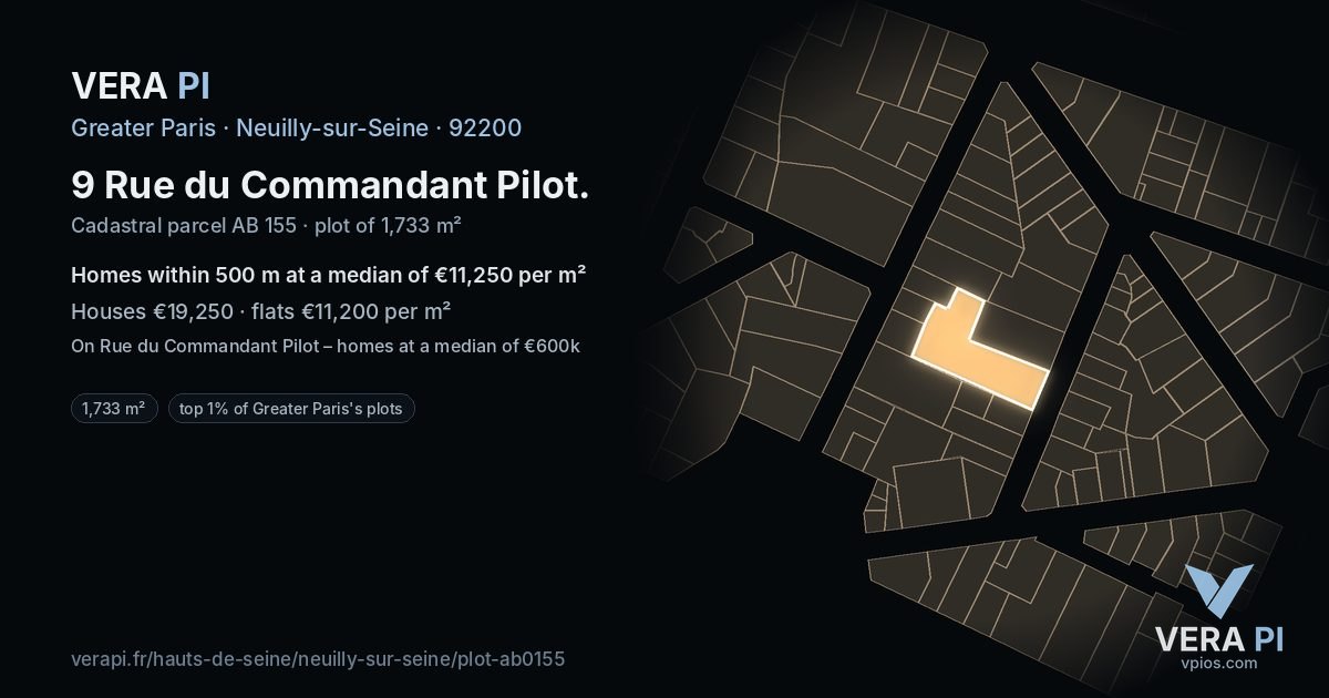 9 Rue du Commandant Pilot, Neuilly-sur-Seine at night – the plot lit, the parcels around coloured by the prices near them