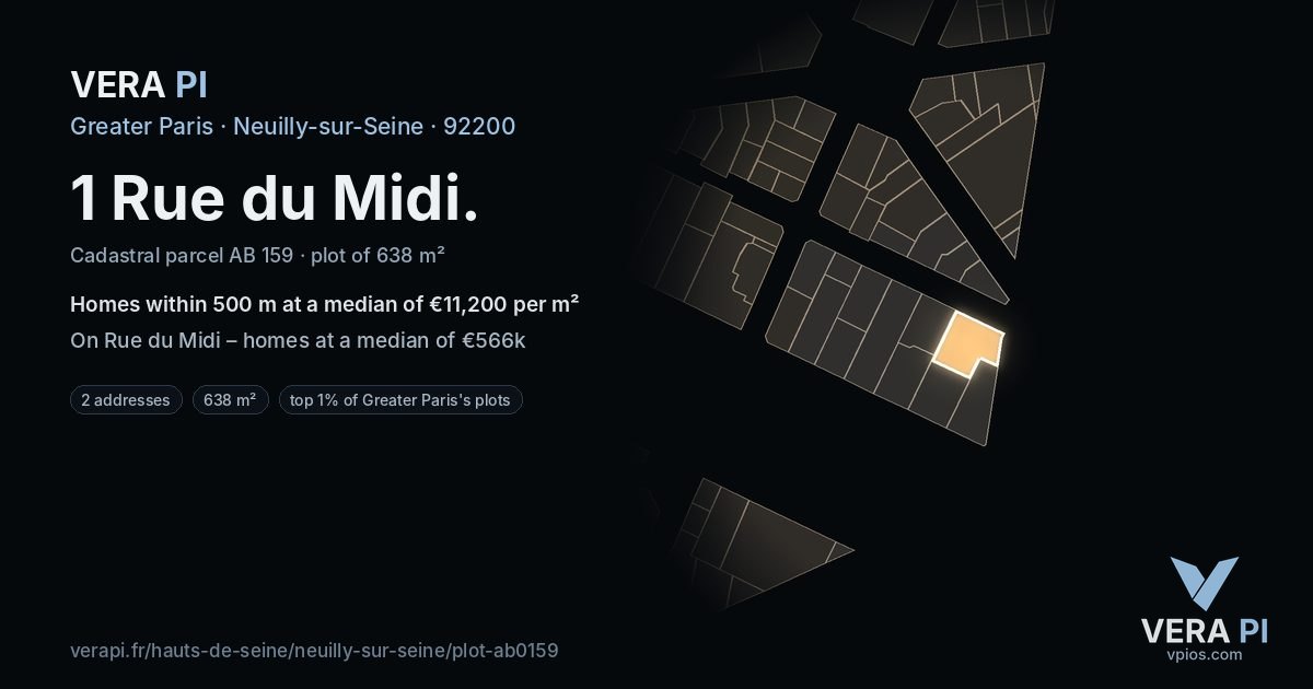 1 Rue du Midi, Neuilly-sur-Seine at night – the plot lit, the parcels around coloured by the prices near them