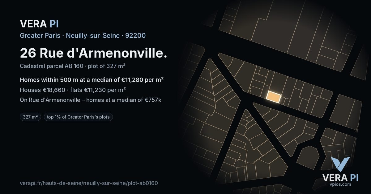 26 Rue d'Armenonville, Neuilly-sur-Seine at night – the plot lit, the parcels around coloured by the prices near them