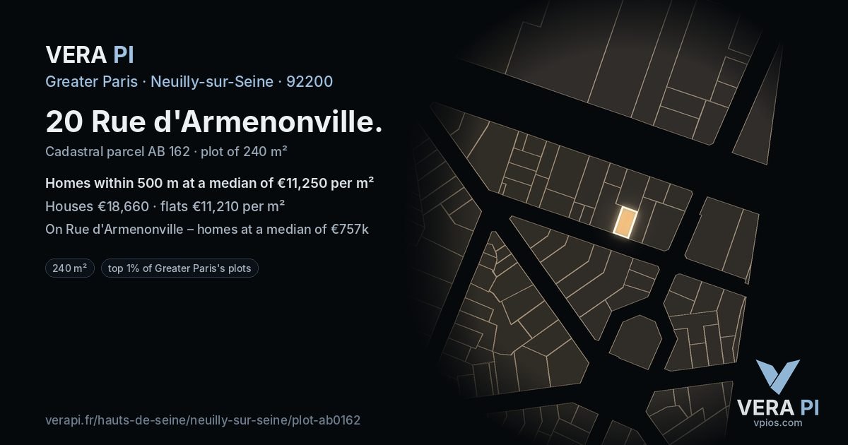 20 Rue d'Armenonville, Neuilly-sur-Seine at night – the plot lit, the parcels around coloured by the prices near them