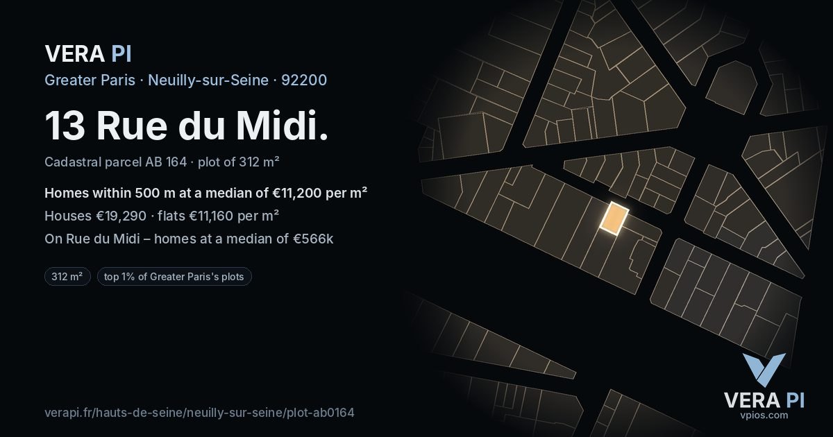 13 Rue du Midi, Neuilly-sur-Seine at night – the plot lit, the parcels around coloured by the prices near them