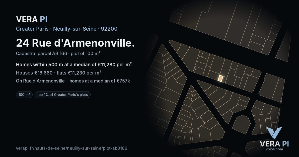 24 Rue d'Armenonville, Neuilly-sur-Seine at night – the plot lit, the parcels around coloured by the prices near them