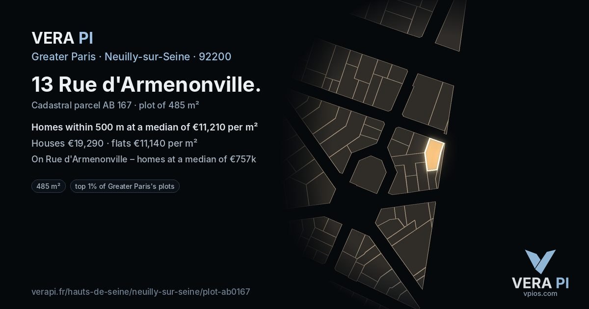 13 Rue d'Armenonville, Neuilly-sur-Seine at night – the plot lit, the parcels around coloured by the prices near them