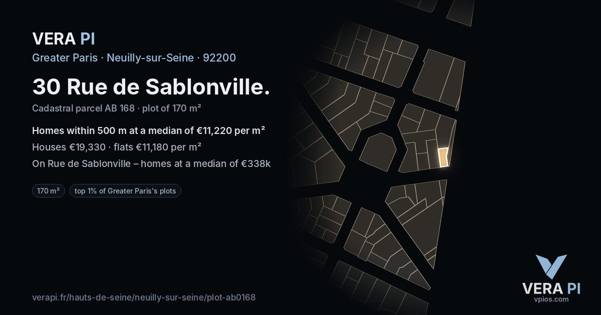 30 Rue de Sablonville, Neuilly-sur-Seine at night – the plot lit, the parcels around coloured by the prices near them