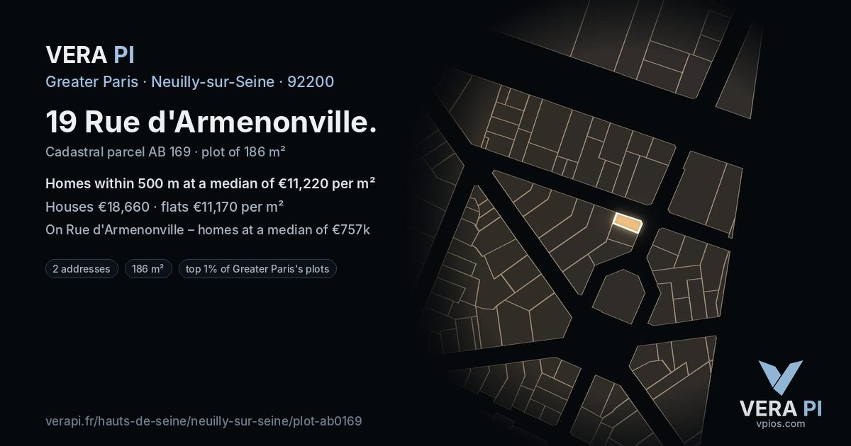 19 Rue d'Armenonville, Neuilly-sur-Seine at night – the plot lit, the parcels around coloured by the prices near them