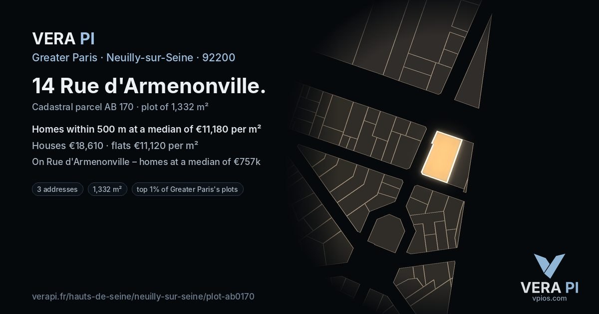 14 Rue d'Armenonville, Neuilly-sur-Seine at night – the plot lit, the parcels around coloured by the prices near them