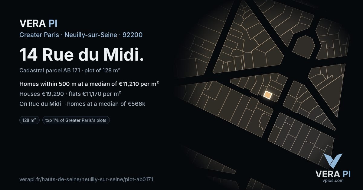 14 Rue du Midi, Neuilly-sur-Seine at night – the plot lit, the parcels around coloured by the prices near them