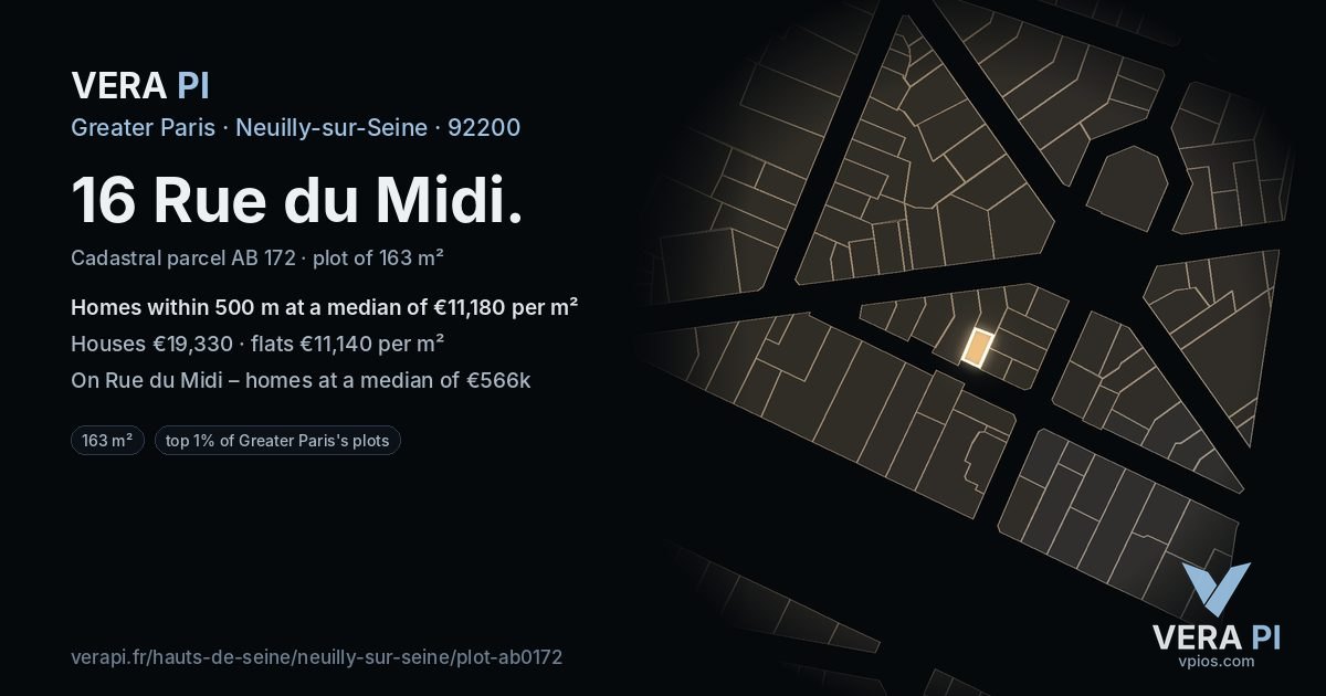 16 Rue du Midi, Neuilly-sur-Seine at night – the plot lit, the parcels around coloured by the prices near them