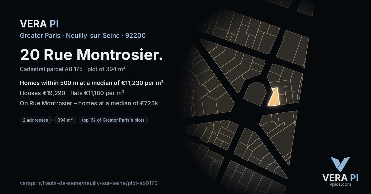 20 Rue Montrosier, Neuilly-sur-Seine at night – the plot lit, the parcels around coloured by the prices near them