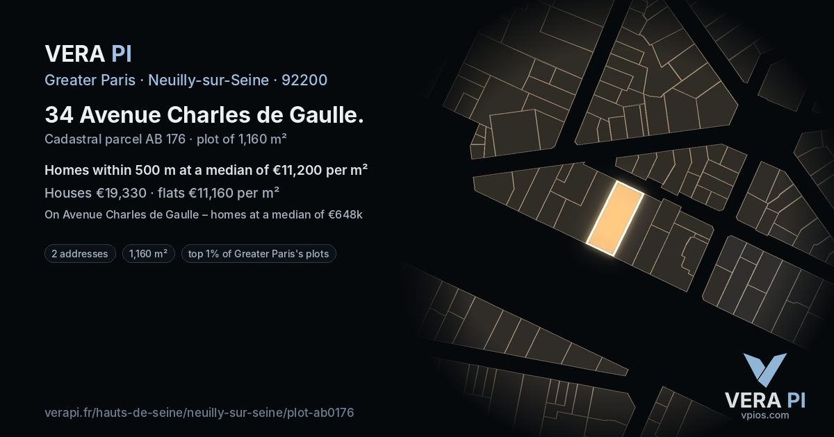 34 Avenue Charles de Gaulle, Neuilly-sur-Seine at night – the plot lit, the parcels around coloured by the prices near them
